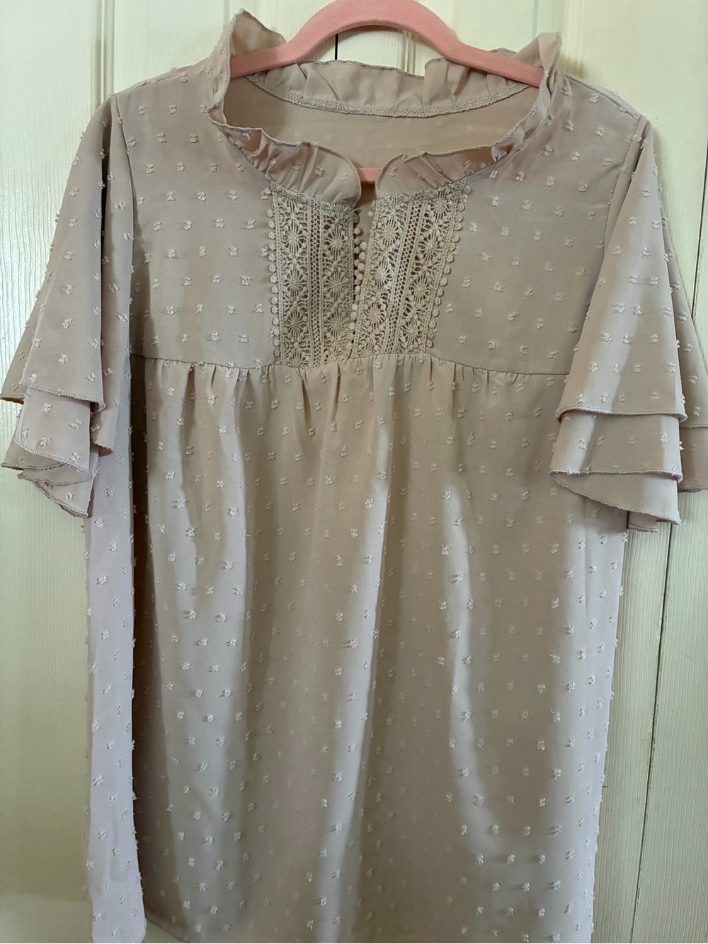 Women's Swiss Dot Ruffle Sleeve Midi Dress in Taup